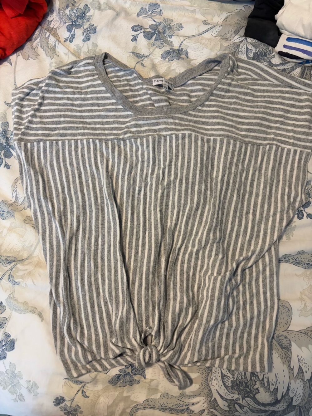 Gray and White Striped Tie-Hem Women's Knit Top by THML